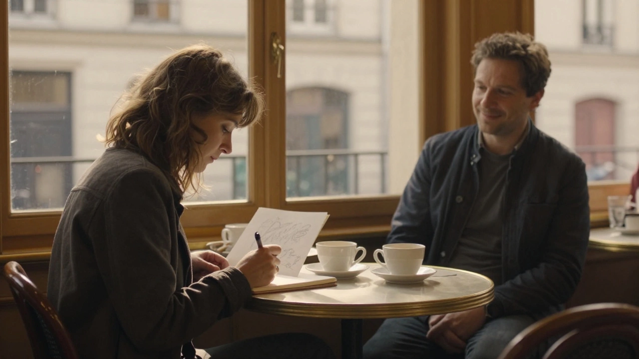 A woman sketches at a Paris café, sunlight illuminating her quiet moment of genuine connection.