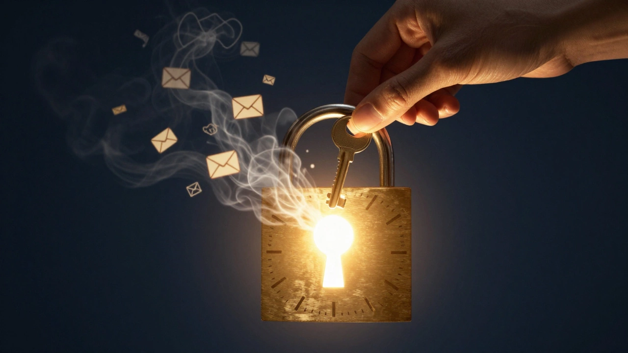 Hand inserting a key into a clock-shaped lock, dissolving digital distractions into smoke.