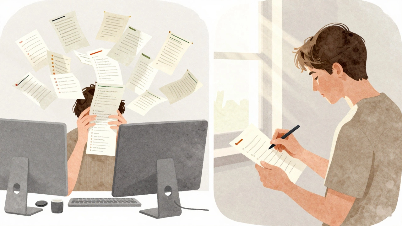 Split scene: one side chaotic to-do list, other side calm person writing one task.